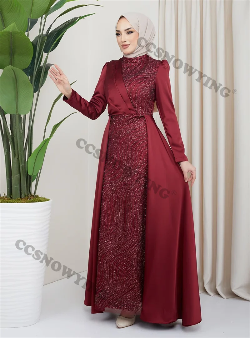 

Burgundy Satin Sequin Muslim Hijab Evening Dresses Arabic Dubai Long Sleeve High Neck Formal Party Gown Moroccan Caftan