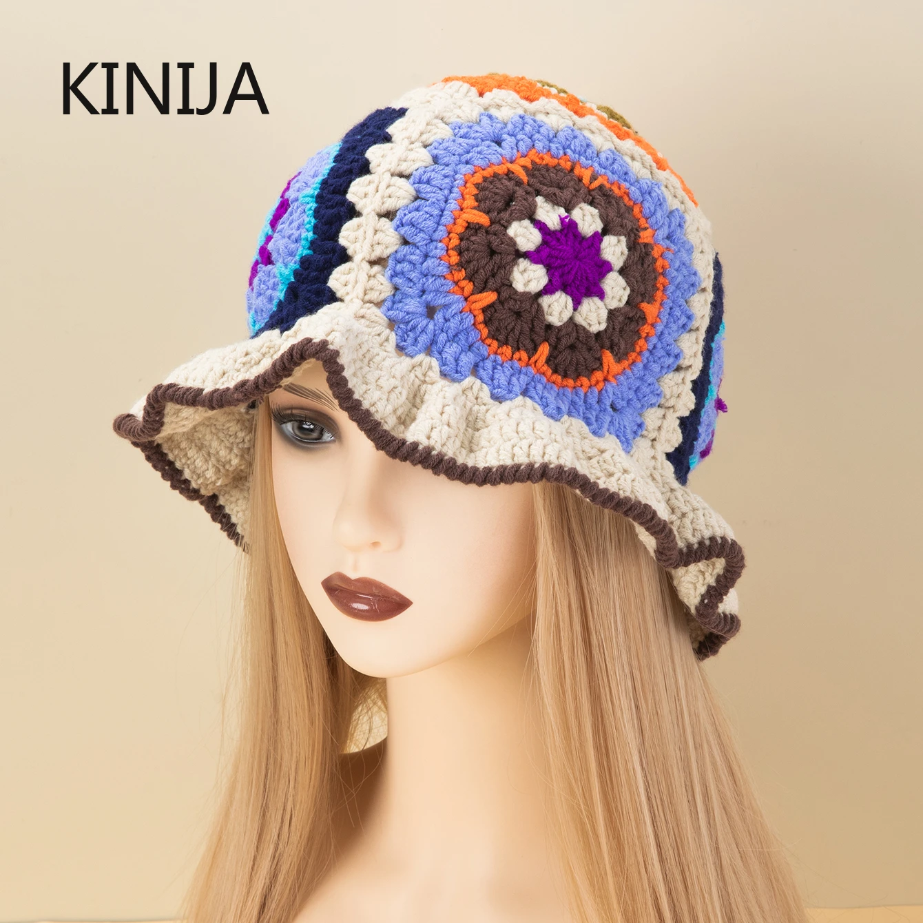 Winter New Hand Crocheting Flower Bucket Hat for Women Korean Fashion Ins Multicolour Retro Beanies Girls Wool Knitted Skull Cap 1