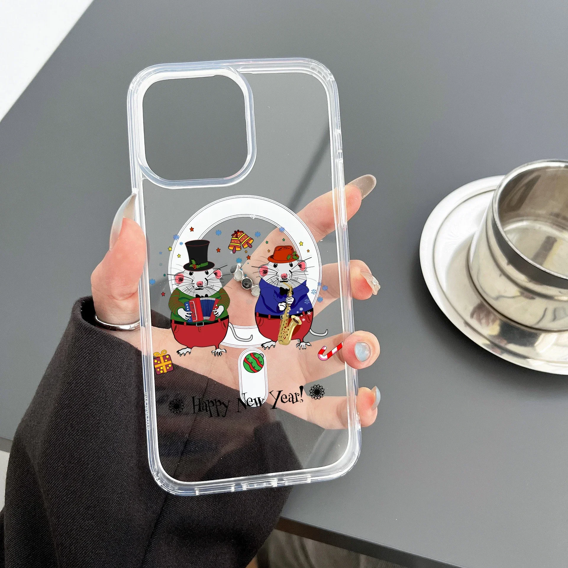 

Christmas Magnetic Function Cute Cartoon Mouse Pattern Case HAPPY NEW YEAR Phone Case for Iphone 15 Pro Max Acrylic A3