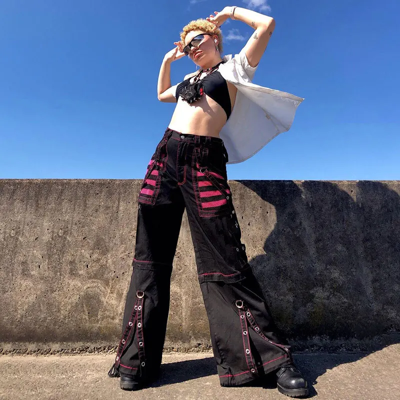 

Gothic Chain Bandage Wide Leg Pants Women Oversize Low Rise Dark Academic Trousers Streetwear 90s Baggy Pant Punk Style