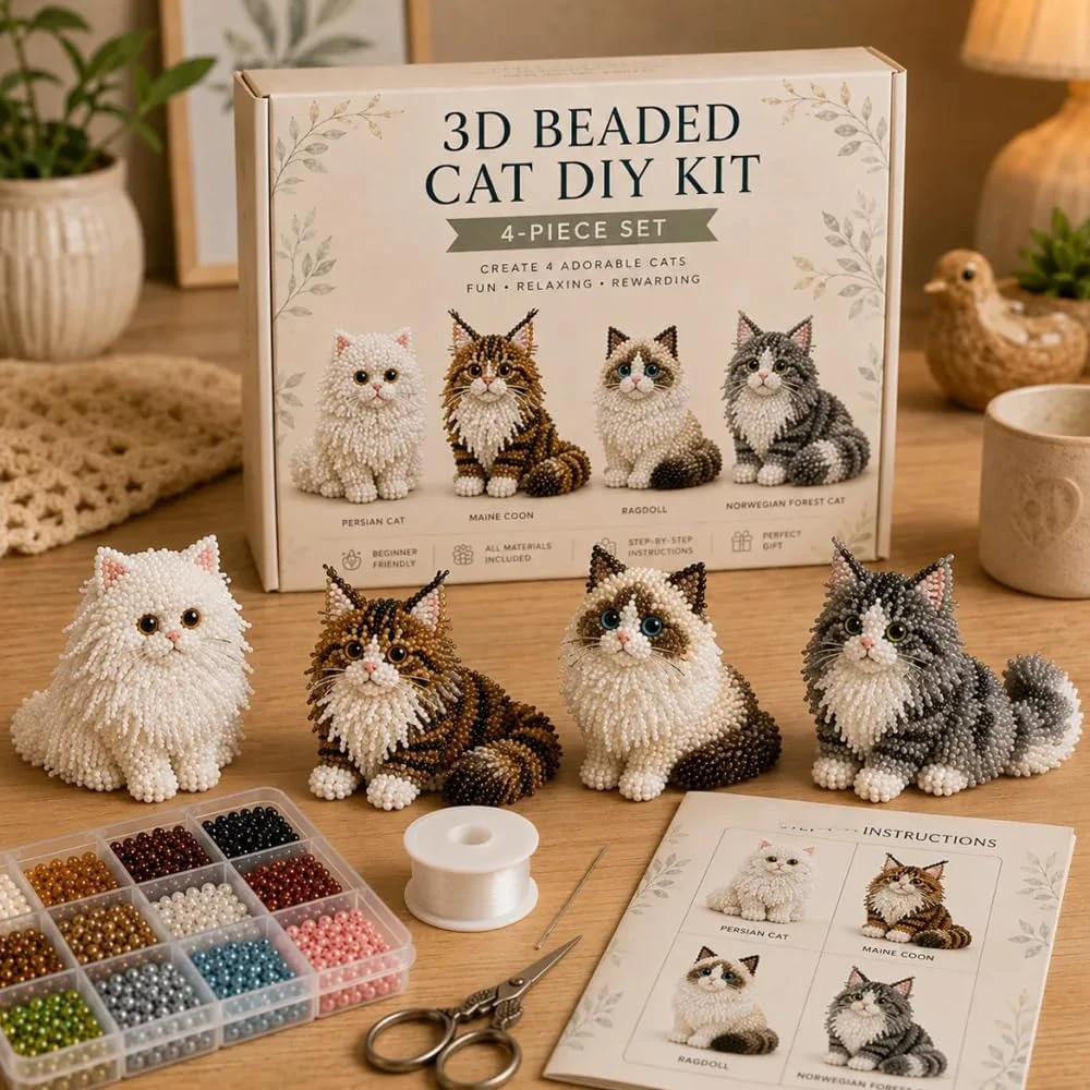 Kit fai da te gatto 3D con perline. Crea quattro gatti adorabili. Set Completo di Utensili, Regalo Ideale per Principianti e per la Famiglia.