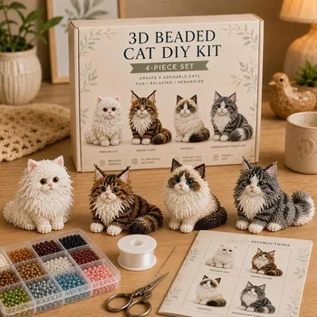 Kit fai da te gatto 3D con perline. Crea quattro gatti adorabili. Set Completo di Utensili, Regalo Ideale per Principianti e per la Famiglia.