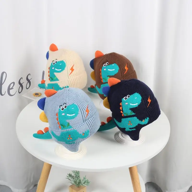 

Вязаная шапка с ушами, вязаная шерстяная шапка с ушами динозавров, теплая зимняя шапка с мультяшным рисунком, ветрозащитная мягкая для детей 4-10 лет