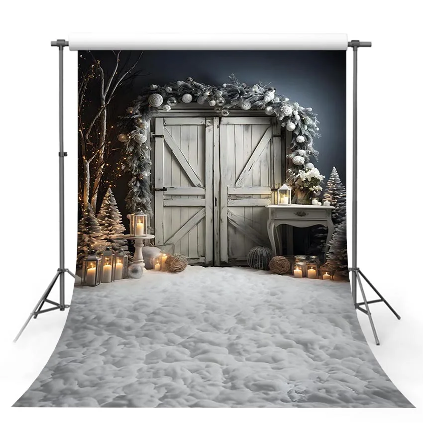 

Mehofond Photography Background Winter Christmas Snow Barn Door Xmas Tree Kids Family Party Portrait Decor Photo Backdrop Studio