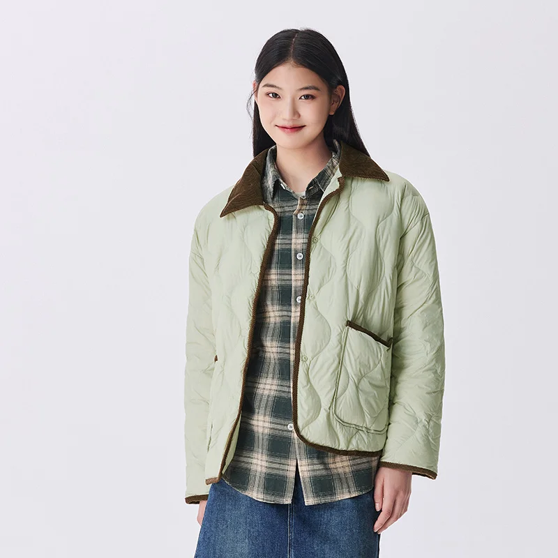 Semir Down Jacket Women Medium Length Light Weight Corduroy Collar 2024 Winter New Vintage Three-Proof Coat 5