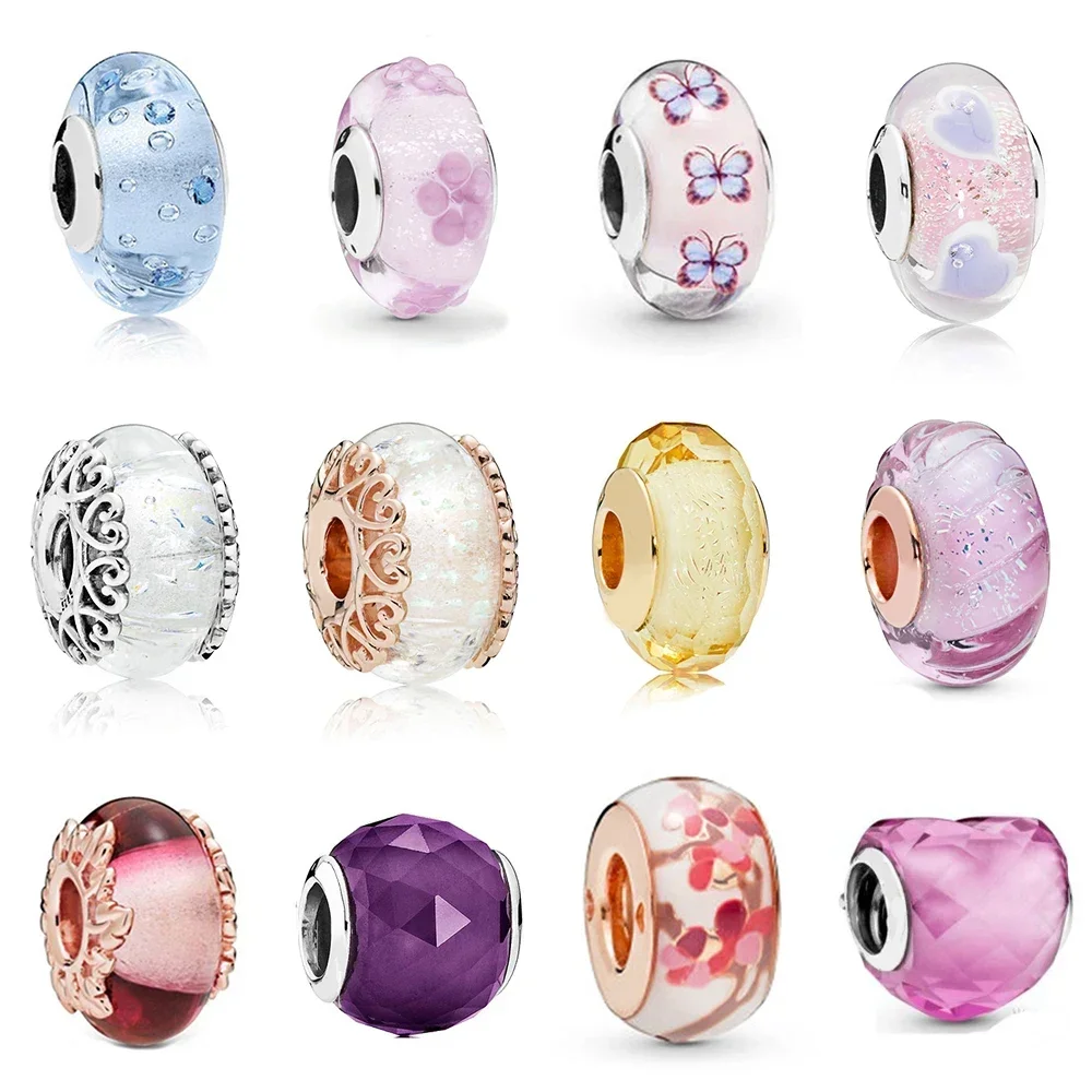 

NEW 2019 100% 925 Sterling Silver Rose Pink Murano Glass And Leaves Charm Glass Bead Fit DIY Original Bracelet Jewelry Wholesale