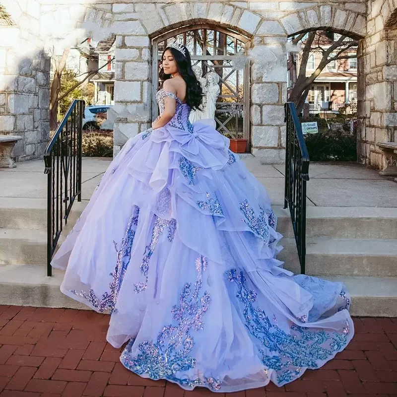 

ANGELSBRIDEP лавандово-Сиреневое платье Quinceanera с открытыми плечами кружевное милое платье с аппликацией 16 15 платья XV лет корсет с бантом Лидер продаж