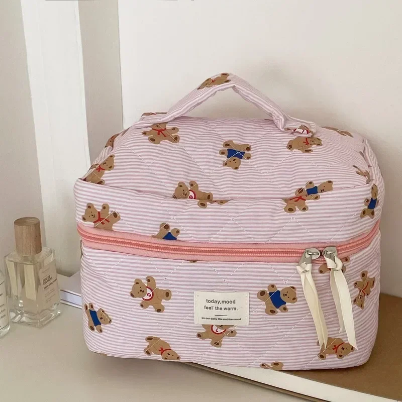 Cute Bear Flower Quilting Cotton Makeup Bag Women Zipper Cosmetic Organizer Female Cloth Handbag Toiletry Case for Girls 6