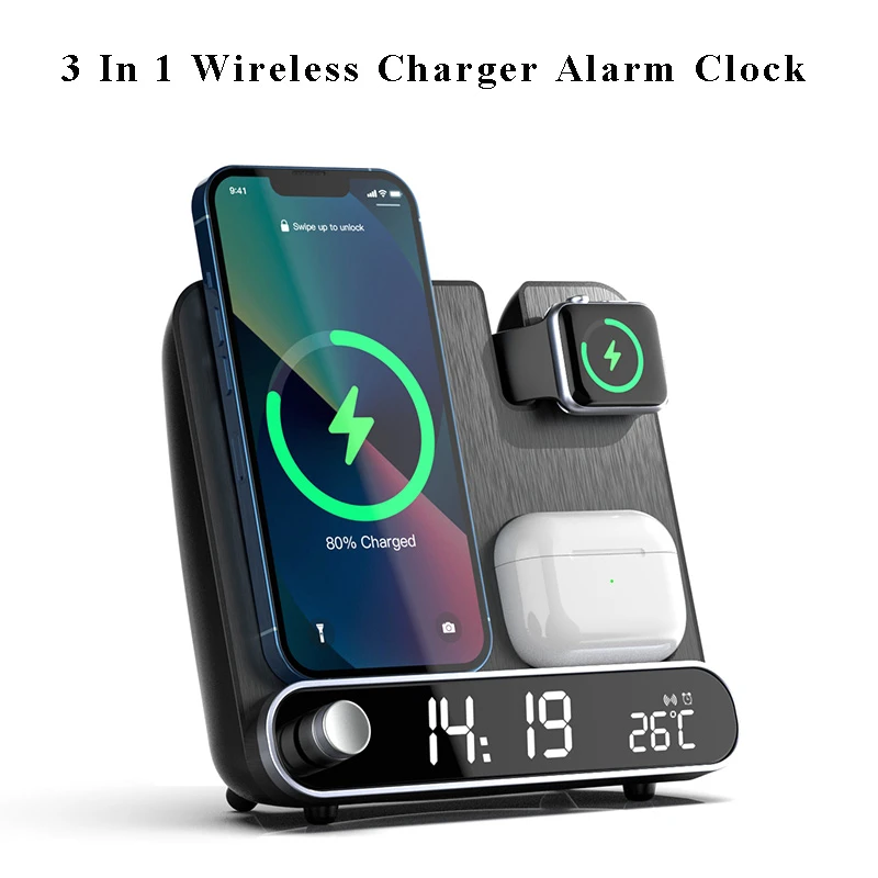 3 In 1 Wireless Charger Alarm Clock 15w Fast Charging Station For