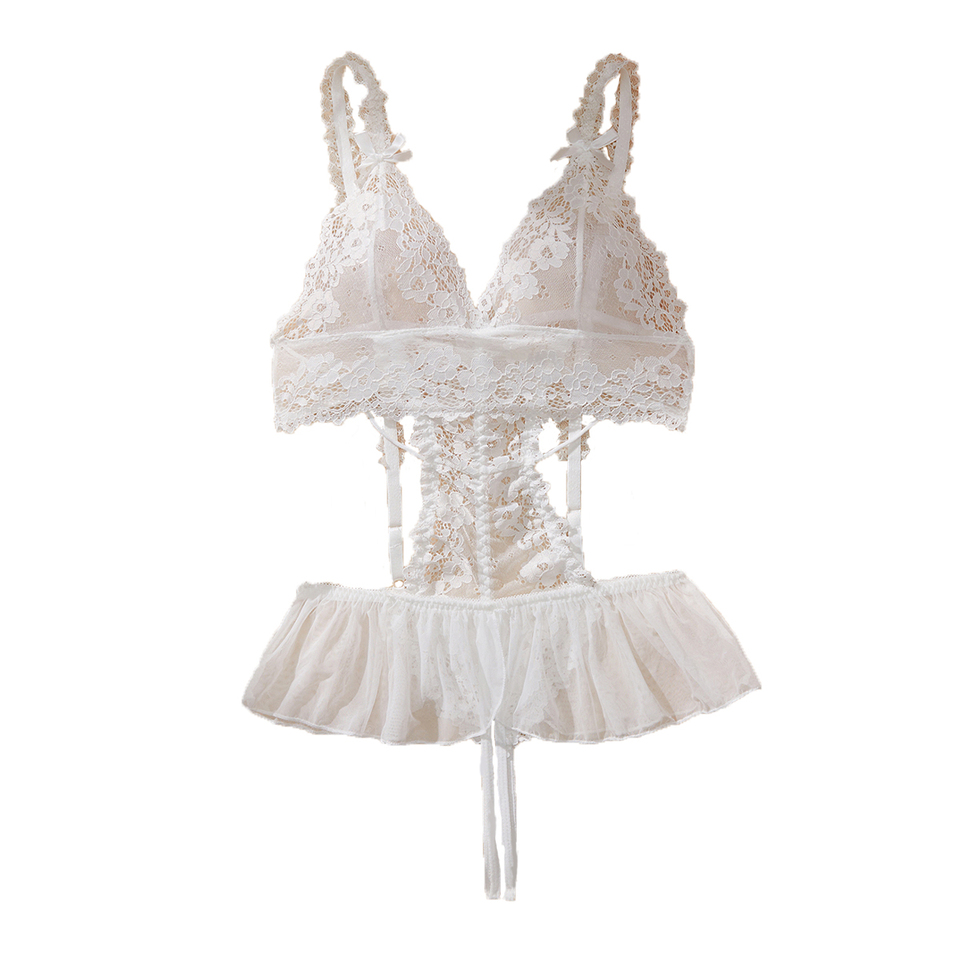  White Elegant 1-piece Sleepwear For Women Lace Hollow Floral Bodysuit Pajama Teddy Babydoll Dress Deep V Open Bra Underwear Set 