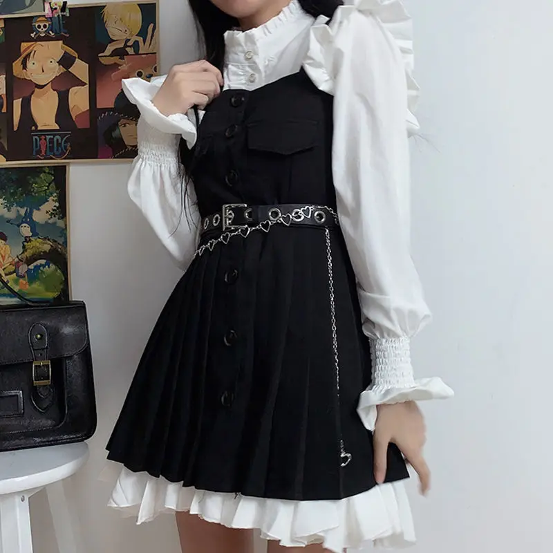 Retro Gothic Dress+Shirt+Pleated Skirt 3-Piece Dark Wind New Strap Dress Pleated High Waist Temperament Slim French Shirts |