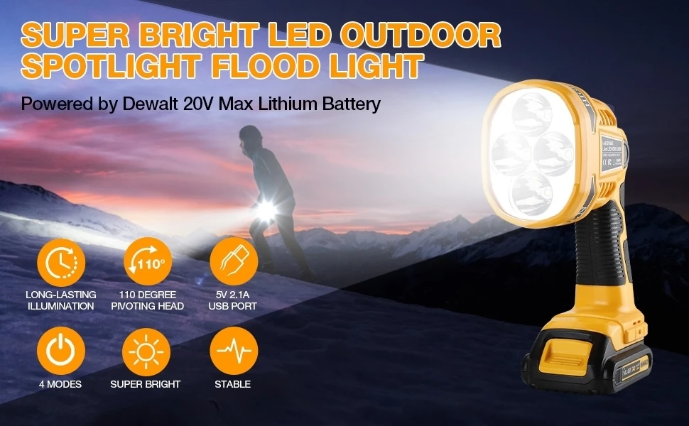1120LM Flashlight Spotlight for Dewalt 14.4V-20V Battery Cordless LED Work Light