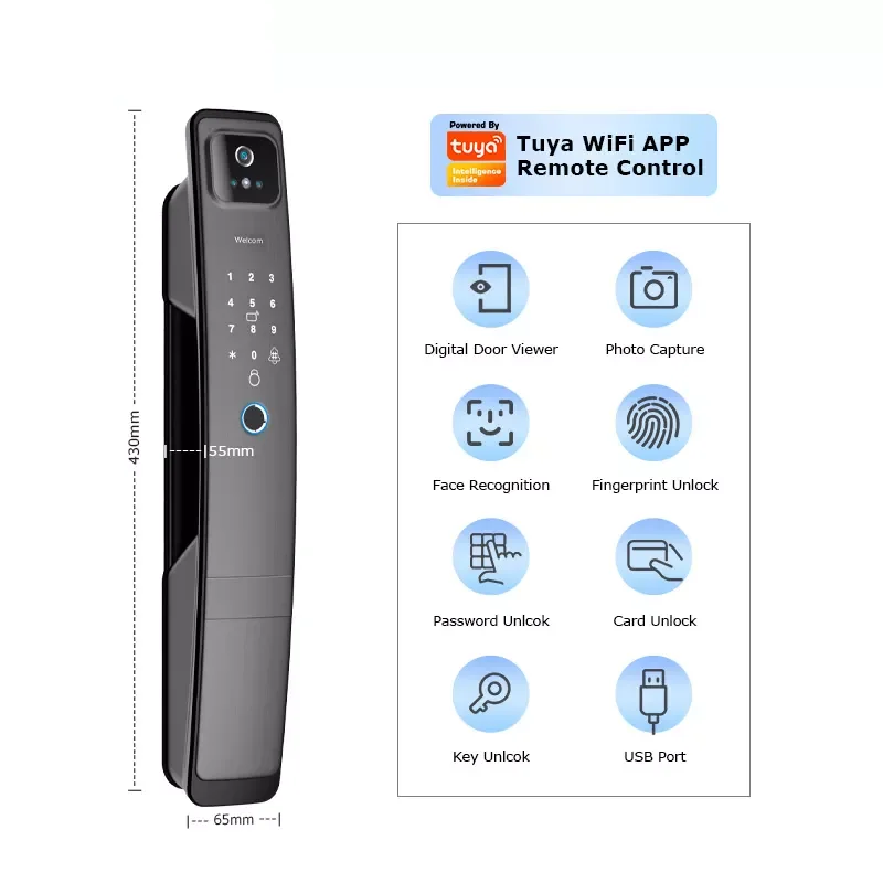WiFi Tuya APP Voice 3D Face Recognition Fingerprint Smart Door Lock