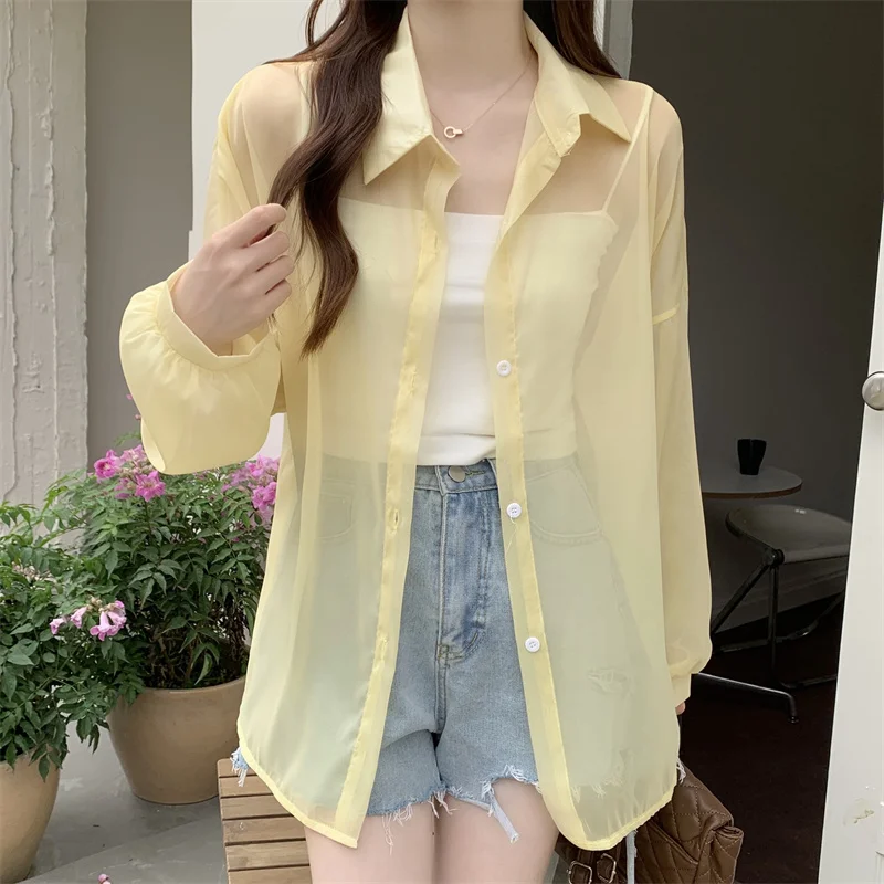 

Fashion Loose Casual Blouse Women Solid See Through 16 Colors Summer Tops Thin Sunscreen Shirts Turn Down Collar Clothes 26469