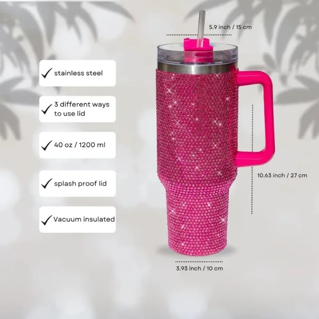 40oz Rhinestone Tumbler Stainless Steel Straw Women Cup Shiny Diamond Travel Car Thermoses Coffee Mug Water Bottle Drinkware 2