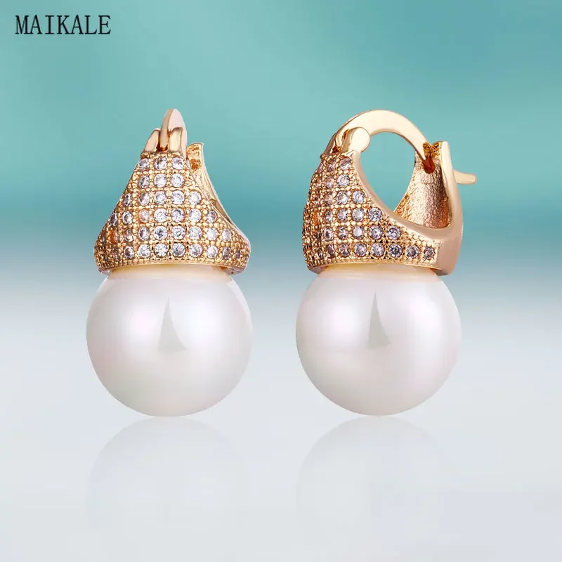 

MAIKALE Luxury Crown Zircon CZ Stud Earrings with Pearl Gold Cubic Zirconia Earings for Women New Fashion Jewelry Gift