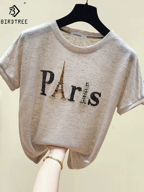 Ins Short Sleeve Paris Eiffel Tower Beaded Tshirt Summer New Women Shinny Cotton O Necks Loose Casual Girls Tops Tees T13115X 1