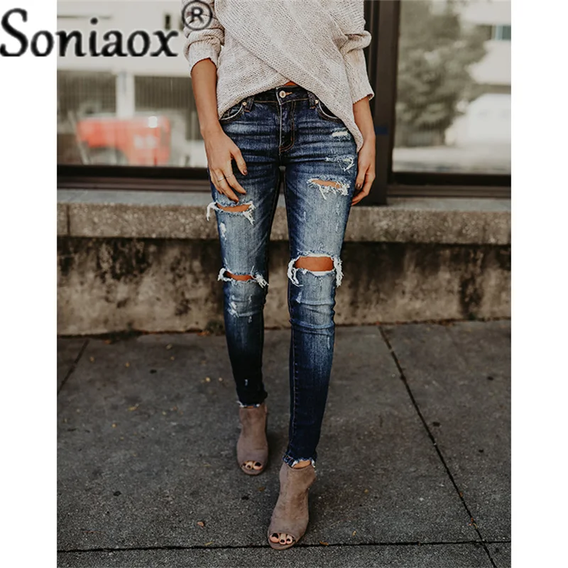 

Women Jeans Autumn Vintage Ripped Small Leg Mid-Waist Pencil Pants Washable Cotton Denim Trousers Casual Office Lady Streetwear