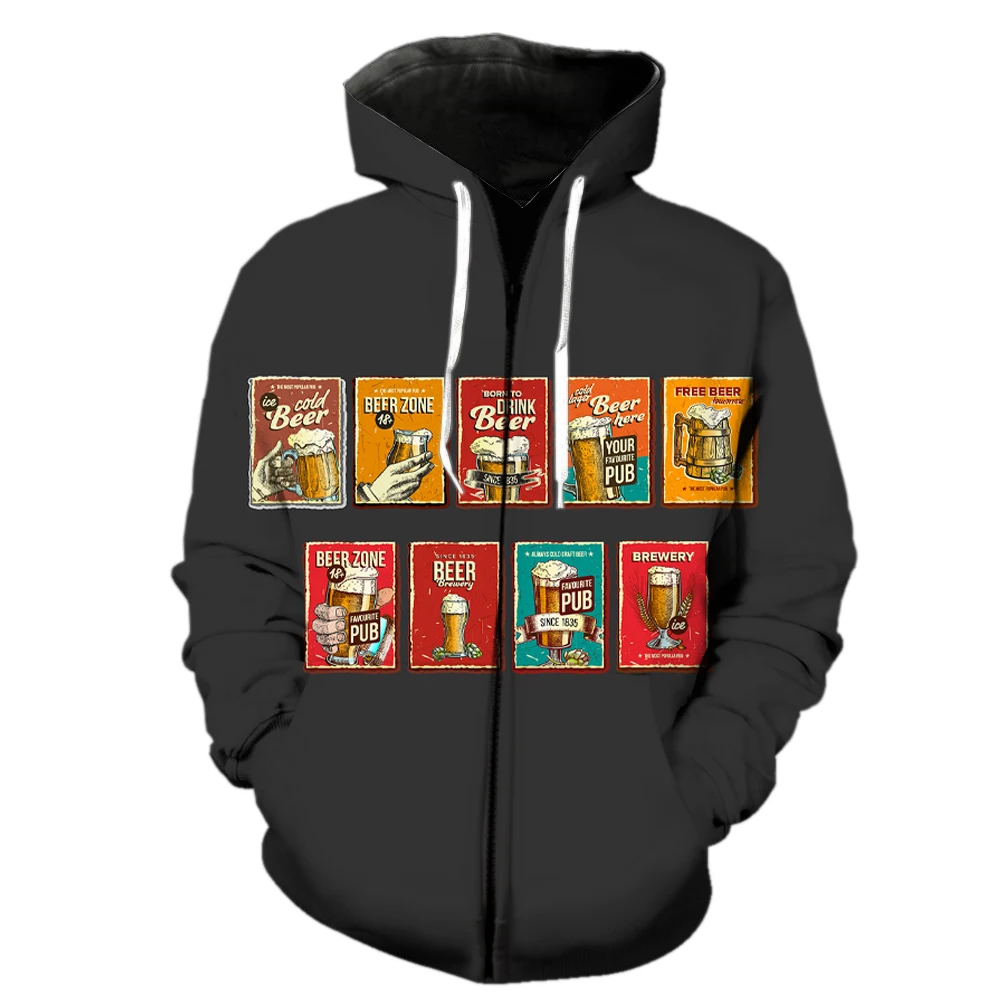 

Cartoon Beer Festival Men's Zipper Hoodie With Hood Jackets Oversized Teens Spring Unisex 3D Printed Harajuku Casual Funny Tops