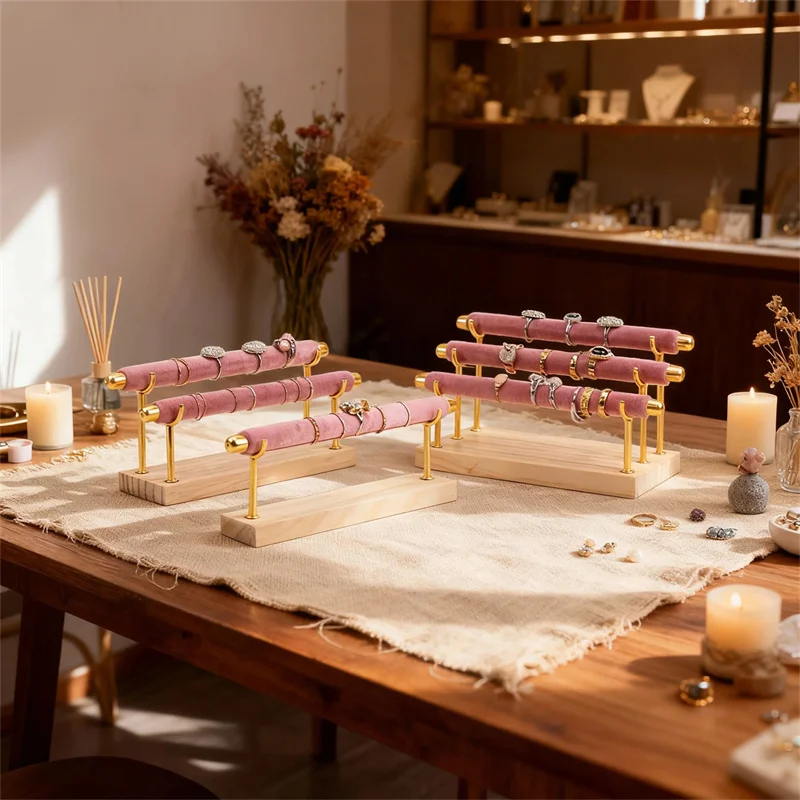 Elegant Pink Velvet Jewelry Ring Display Stand with Wooden and Metal Accents