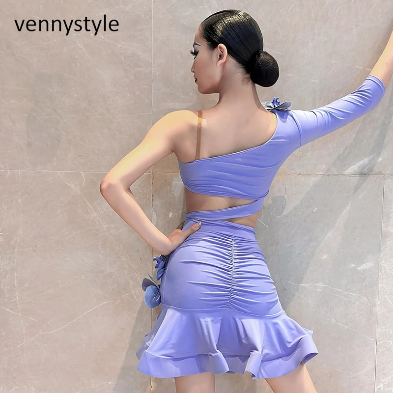 Venny Purple 여성용 바디콘 스커트, 라틴 댄스 대회 전문 공연 코스튬, 여성 라틴 댄스 드레스