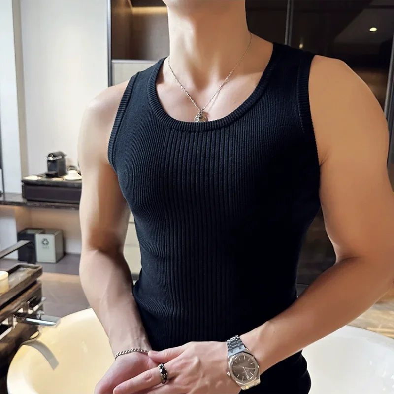 남성용 니트 탱크 탑, 민소매 타이트핏 스포츠 티셔츠, 스트라이프 슬림핏, 다용도 라운드 넥, 니트 바텀 셔츠 조끼, 패션