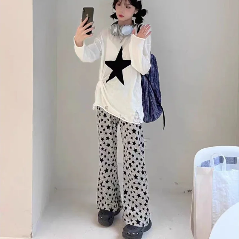 여성용 아메리칸 레트로 플레어 팬츠, 하이 웨이스트, 얇은 전체 길이, 하이 스트리트, 힙합 캐주얼 Y2k 바지, 여성 스트리트웨어, 여름