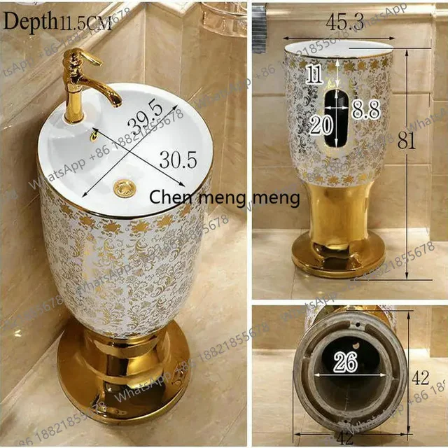 อ่างล้างหน้าแบบตั้งพื้นพร้อมขาตั้ง รุ่นใหม่ล่าสุด อ่างล้างหน้าทรงกลมสีทอง วัสดุเซรามิก 4