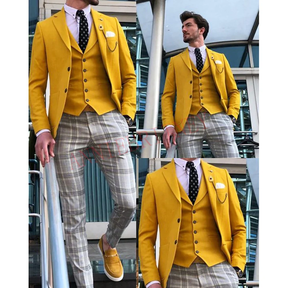 

New Arrival Casual Yellow Men Suits 3 Pieces Tailored Slim Male Blazer Pants Vest Set Suit for Men Hander Wear Suits Set