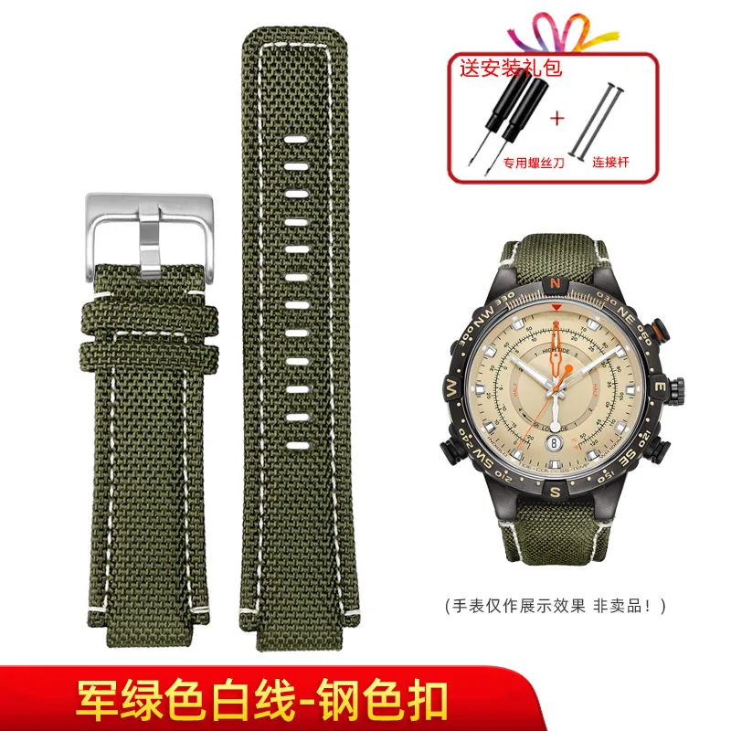 thumbnail image 1 of Correa de reloj deportiva de lona de 24 x 16 mm con base de cuero para TIMEX T2N720 T2N721 TW2R55500 TW2T76500, correa de reloj marrón y verde militar, 1 of 5