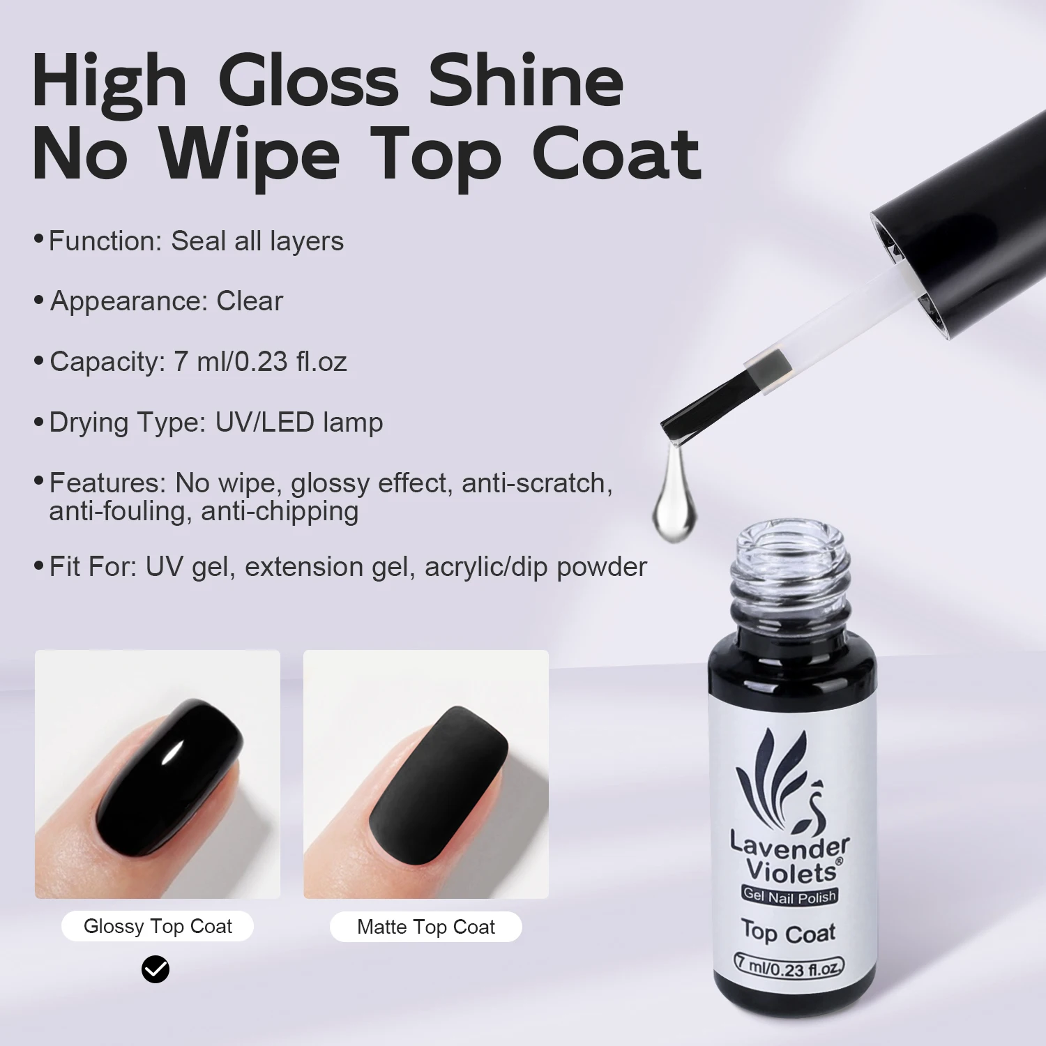 2pcs 7ml No Wipe Glossy and Matte Top Coat, Long Lasting Soak Off Nail Gel Varnish for Home Salon Manicure Beginner Use 3