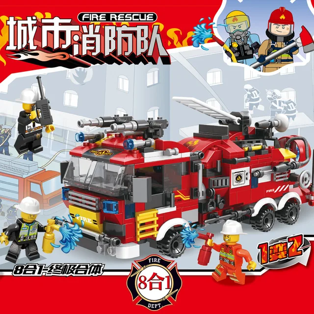 Boy Toy Assembling Building Blocks 8 in 1 City Fire Brigade Model Building Blocks Fire Truck Children's Educational Toys 2