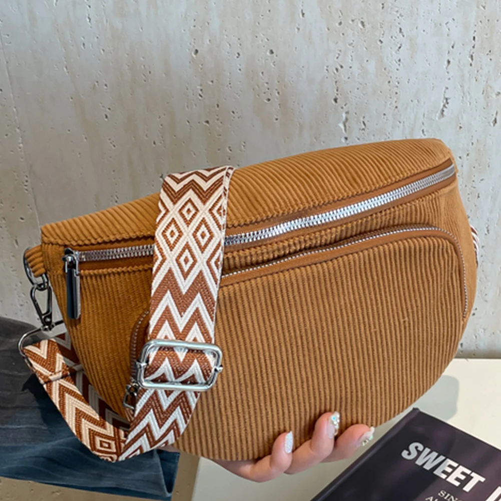 Vintage Corduroy Wide Strap Crossbody Bag with Multi-Pockets