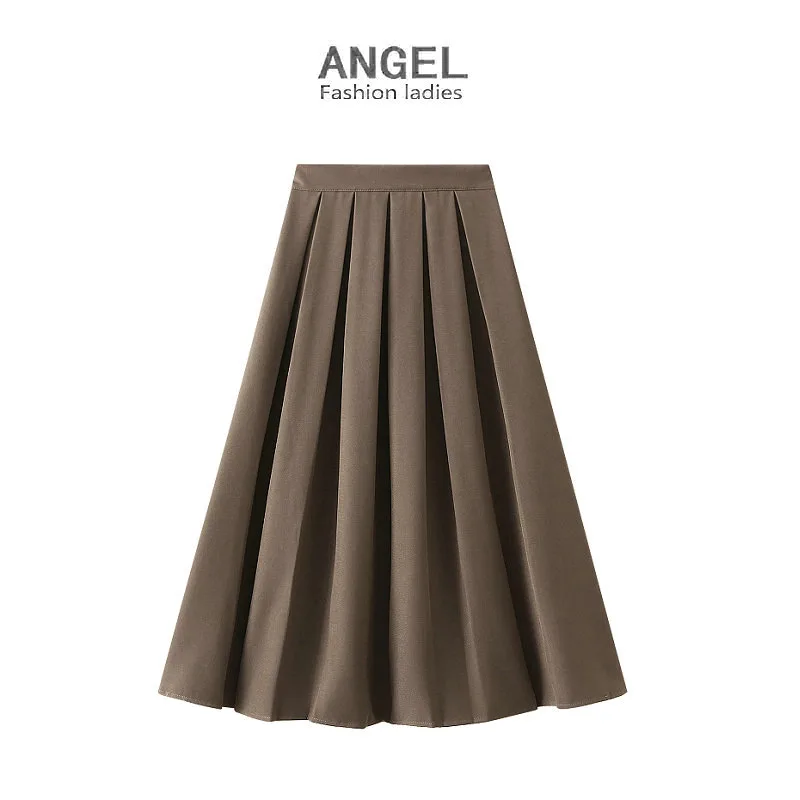 

Pleated Skirt for Women 2023 Autumn Winter New Elastic High Waist Temperament Korean-Style Midi A- Line Skirt Women