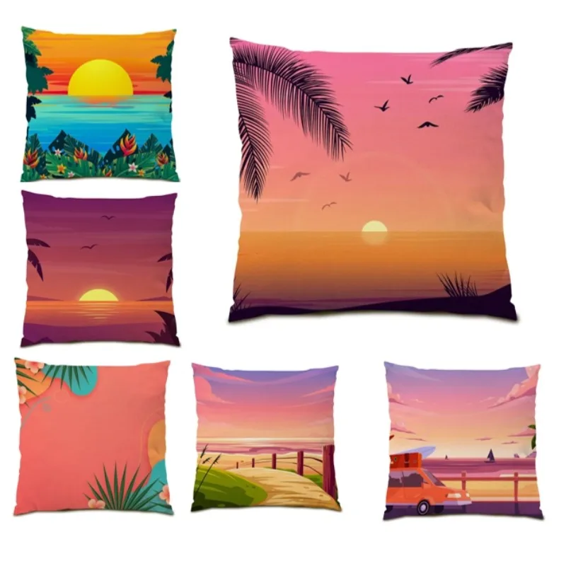 

Pillow Covers Tropical Palm Summer Home Decor Painting Cushion Covers cojines 45x45 Sunrise Pillow Covers Landscape NEW E0741