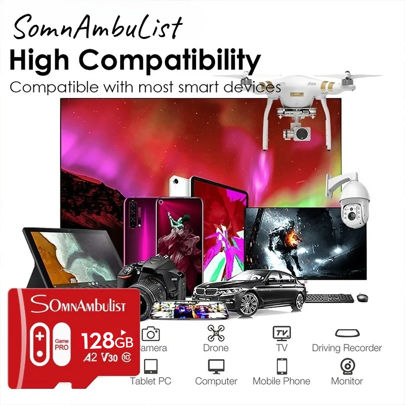 SomnAmbuList 마이크로 TF SD 카드 32GB 64GB 고속 클래스 10 실제 용량 128GB 미니 SD 메모리 카드 스마트폰용 TF 카드