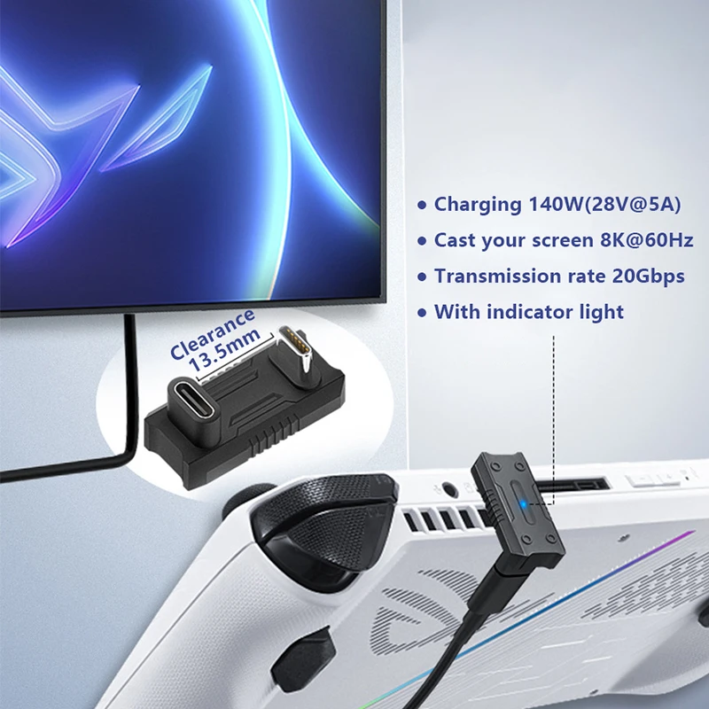 아수스 ROG 앨리 USB C타입 컨버터, U자형 암-수 OTG 어댑터, PD 급속 충전 콘솔 액세서리, 13.5mm, 20Gbps