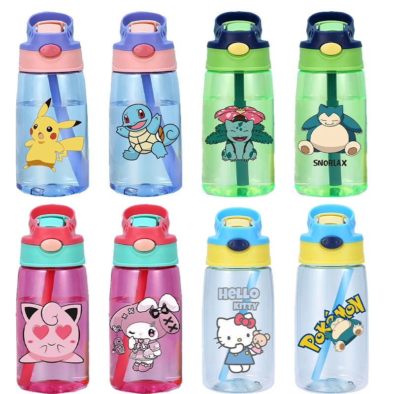 

480Ml Kawaii Anime Plastic Straw Water Bottle Pikachu Bulbasaur Charizard Kuromi My Melody Children Portable Drinking Cup Kettle