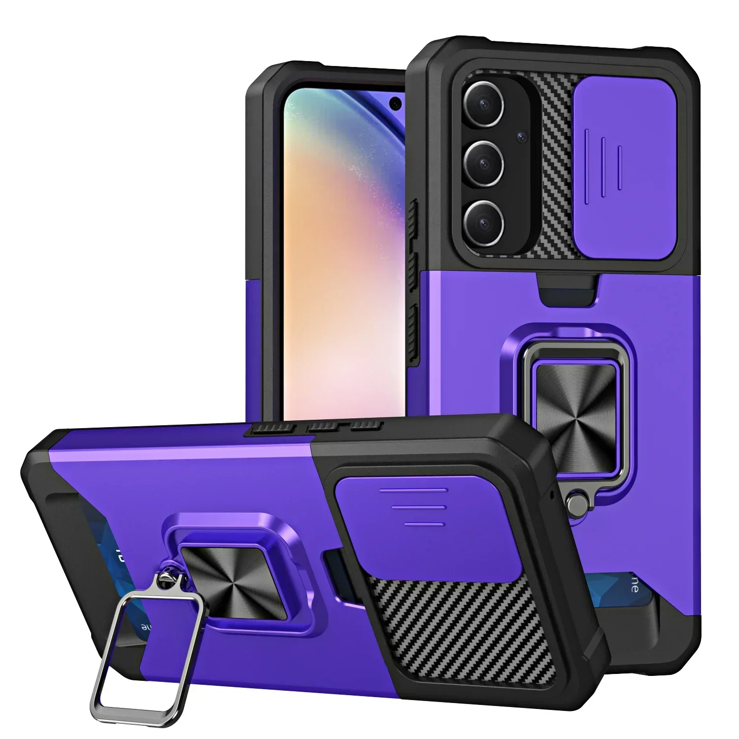 Armor Shockproof Case with Ring Stand & Camera Lens Slide Wallet Cover