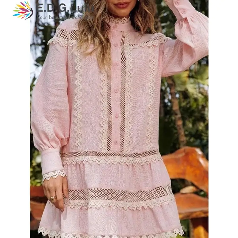 

EDGLuLu Luxury Stand Collar Single Breasted Lace Patchwork Mini Dress+Suspend Dress Pink Two Piece Set Women Outfit 2023 1116