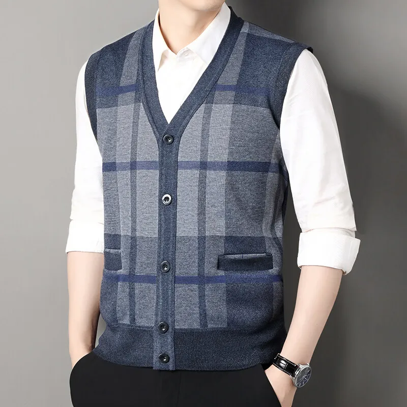 New Man Sleeveless Sweater Cardigan V-neck Button Down Vest Coat Contrast Casual Soft Knit Waistcoat