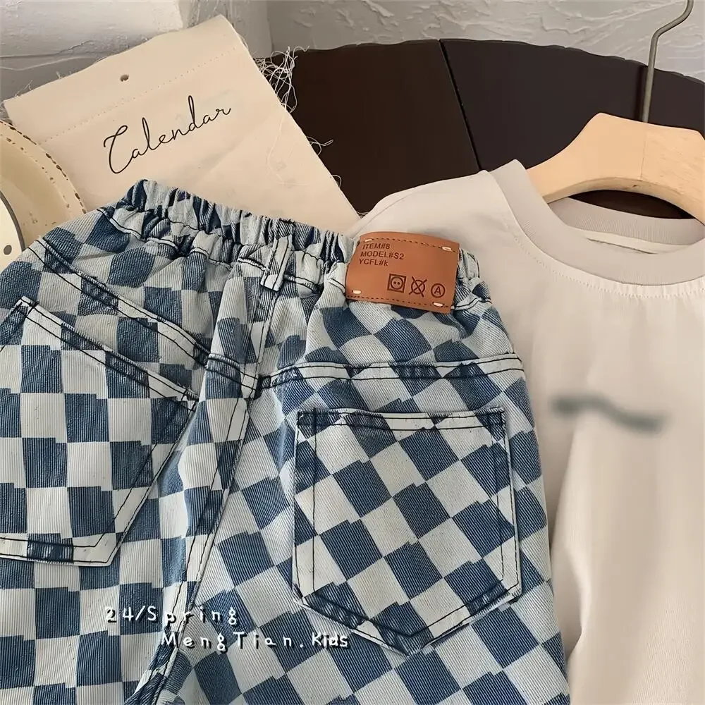 Boys Plaid Denim Pants Casual Full Length Trousers