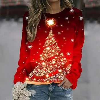 Womens Christmas Hoodie Christmas Tree 3d Print O-Neck Hoodies Women Fashion Oversized Festival Hoodie Sweatshirt Winter Clothes
