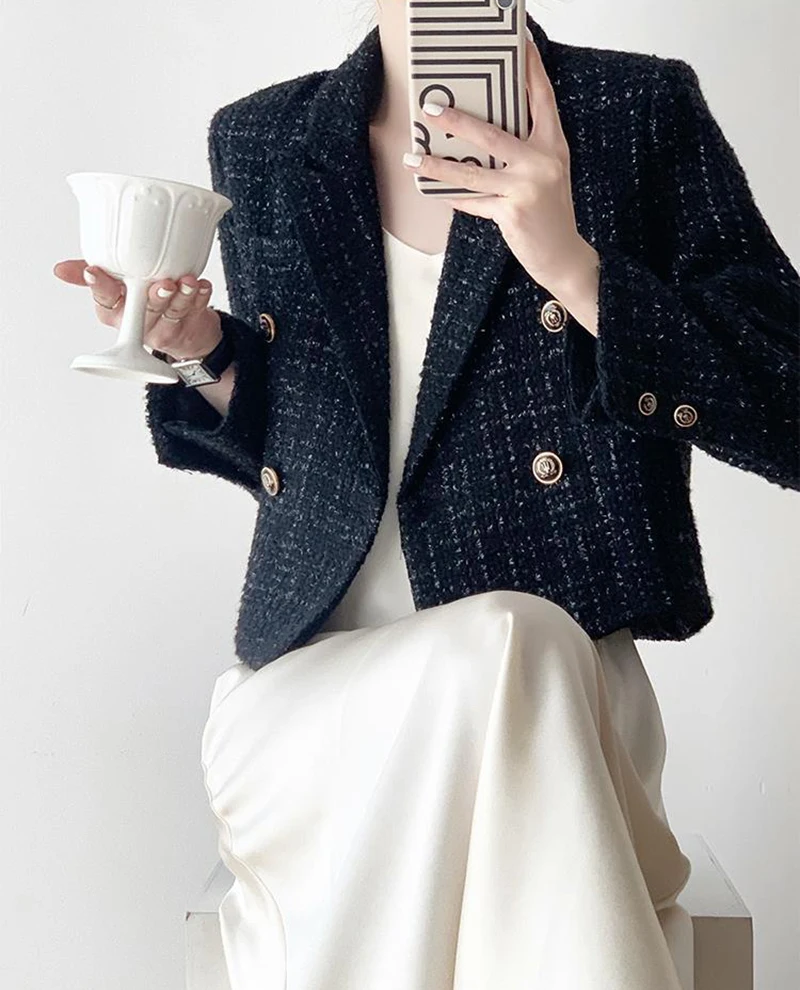 Classic Crop Blazer  Women’s Vintage Black Blazers Womens Elegant Short Jacket Korean Autumn Winter Tweed Cropped Suit Coat Tops Retro Casual Petite and Plus size Outerwear for Woman