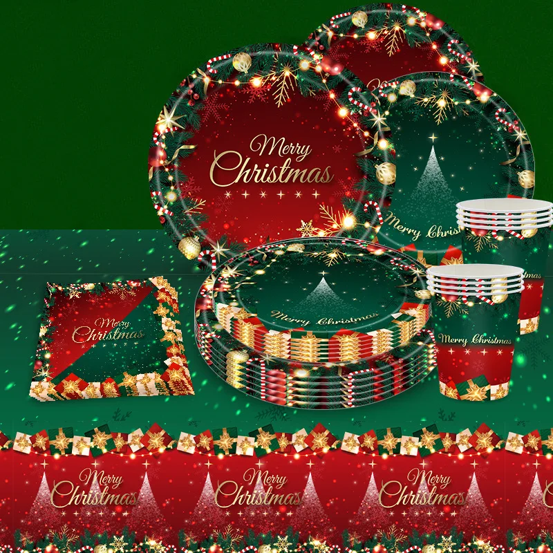 

New Christmas Party Red Green Christmas Tree Gift Party Set Disposable Party Paper Tray Paper Cup Table Cloth Napkin Decorati