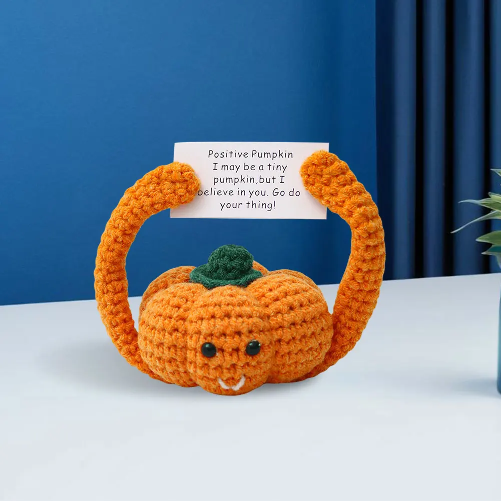 Animal/Pumpkin Knitted Wool Doll with Positive Card Knitted Stuff Handmade Toy Funny for Home Decor Birthday Gift