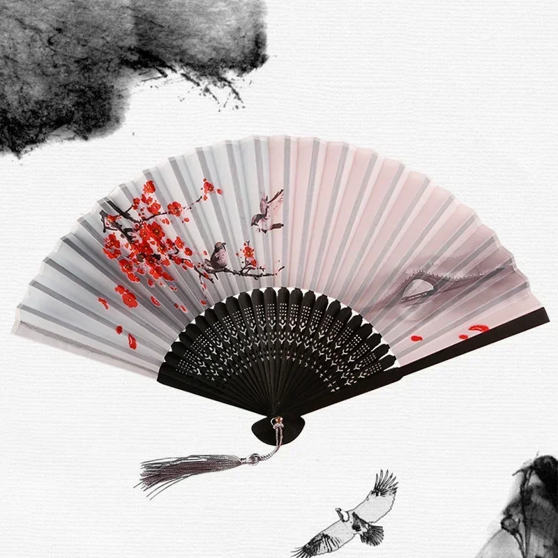 Chinese Japanese Silk Folding Fan Wooden Shank Classical Dance Fan Tassel Female Home Decoration