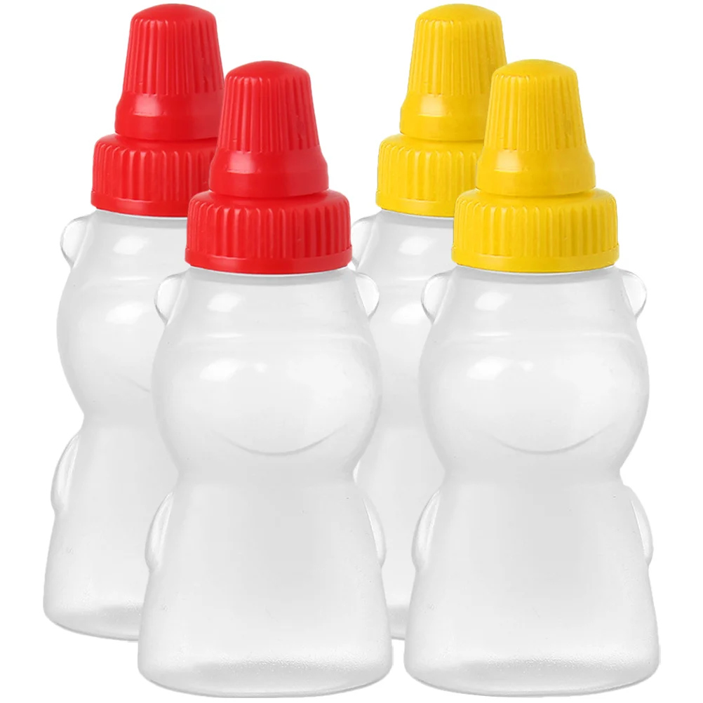 4 Pcs Mini Sauce Containers Bear Bottle Small Mouth Kitchen Dinnerware Salad Dressing Jar Reusable Ketchup Bottle Portable Hot