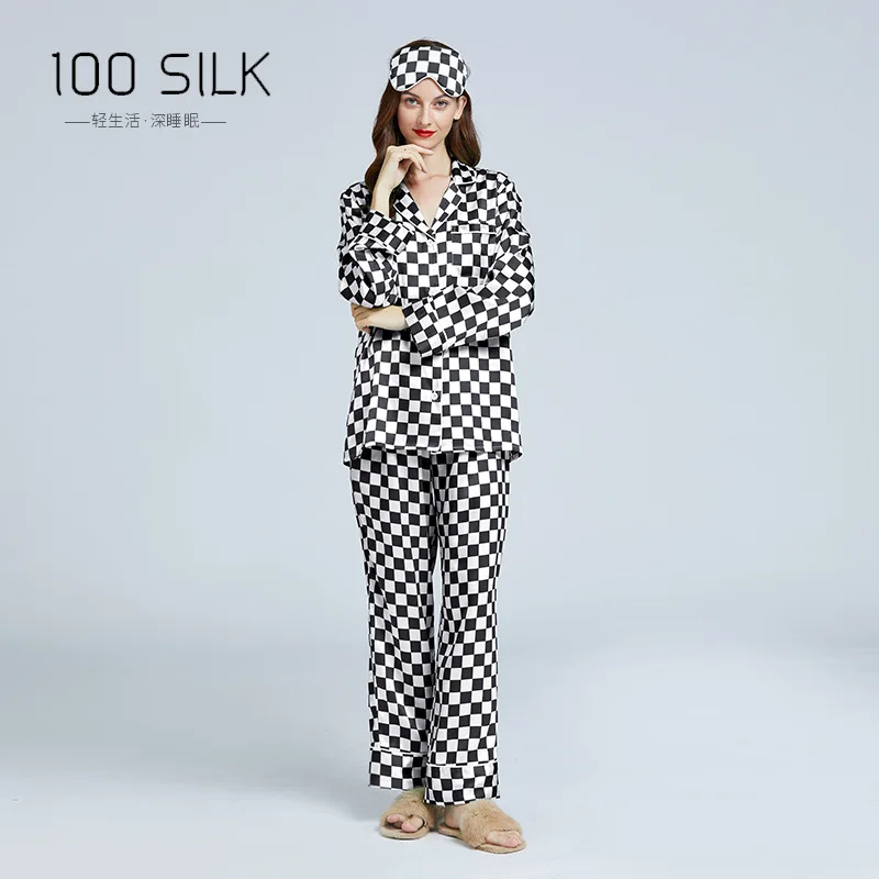 

Birdsky, Women pajamas long sleeve shirt pants set nightwear sleepwear 19MM 100% mulberry silk checker board plaid, S-523