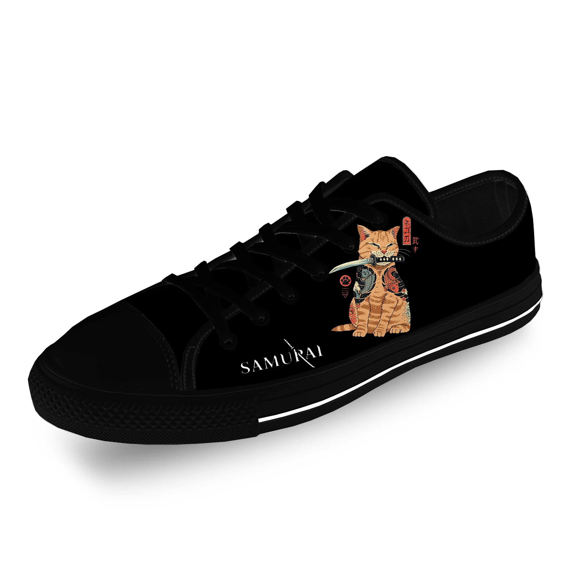 Samurai Cat Japanese Harajuku Casual Cloth Fashion 3D Print Low Top Canvas Shoes Men Women Lightweight Breathable Sneakers